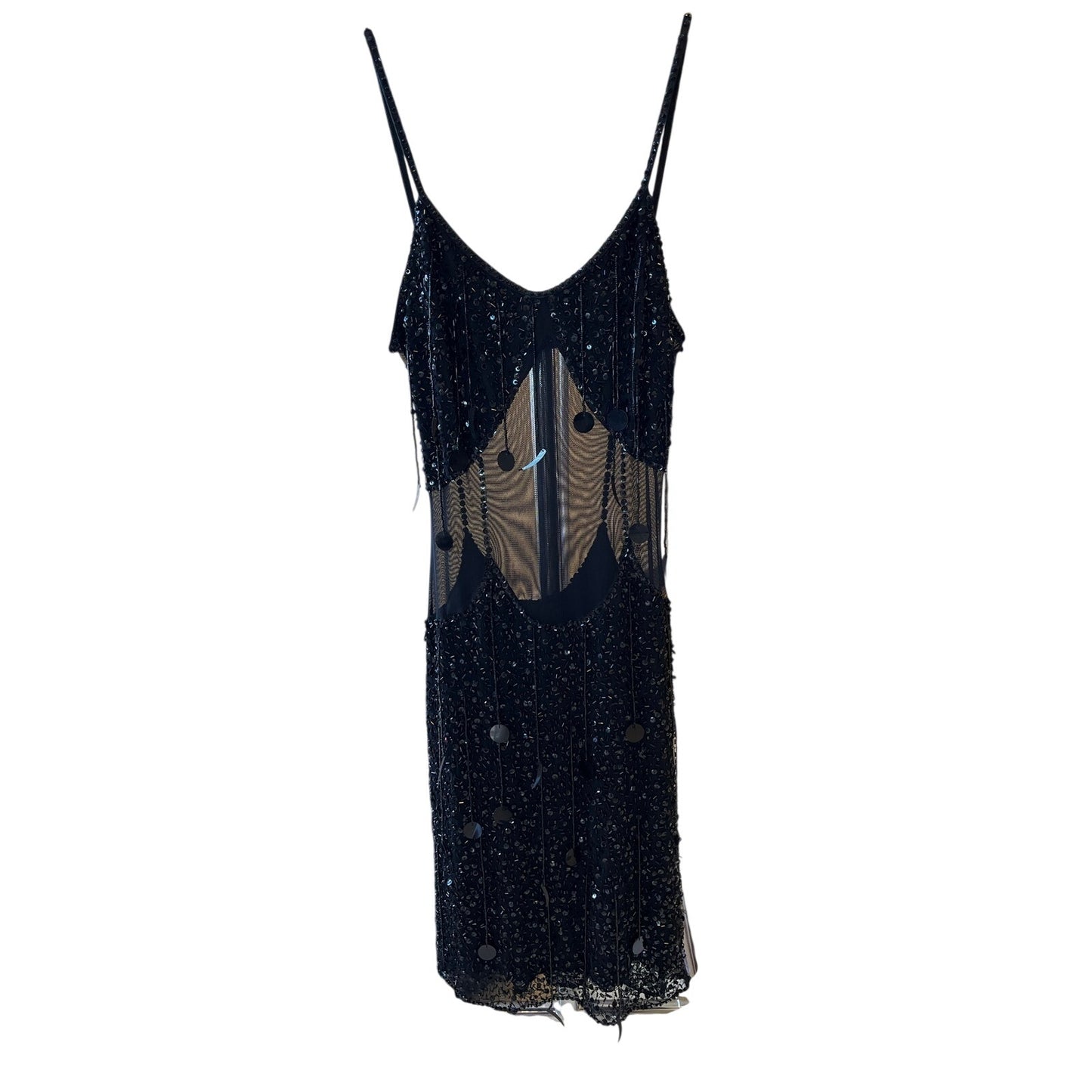 Black Beaded Sequin Mesh Illusion Cutout Bodycon Mini Dress