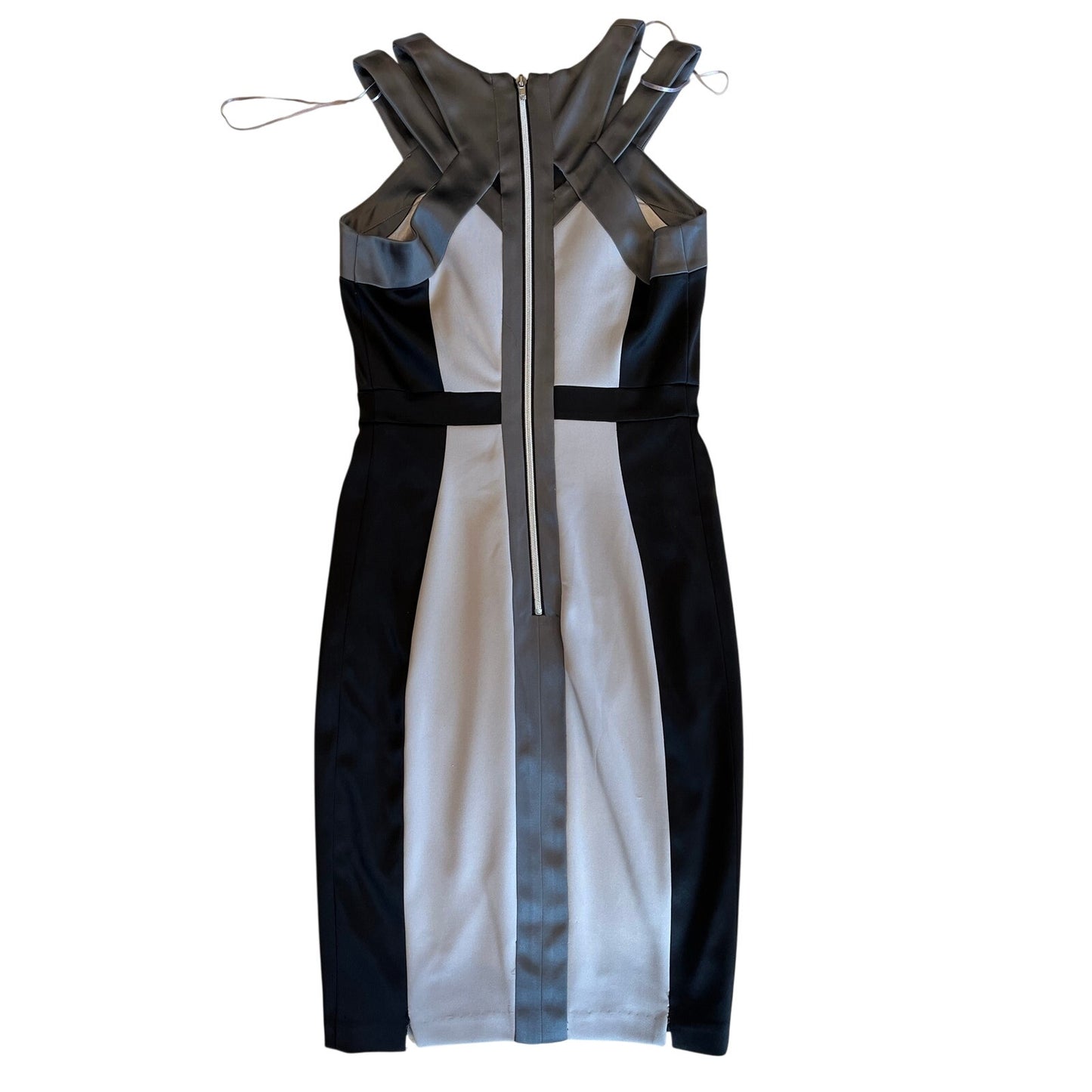 JAX Gray Black Colorblock Sheath Dress Size 6 Cutout Neck Cocktail Career Midi