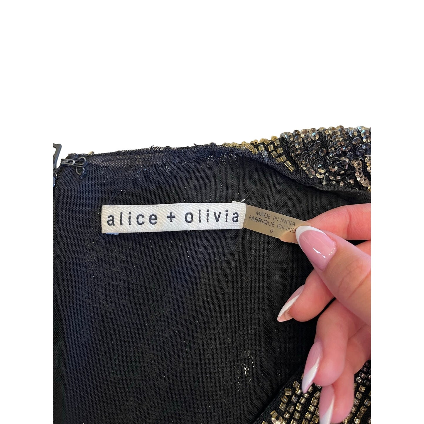 Alice + Olivia Black Silver Beaded Sequin Cocktail Dress Sheath Sleeveless Sz 0