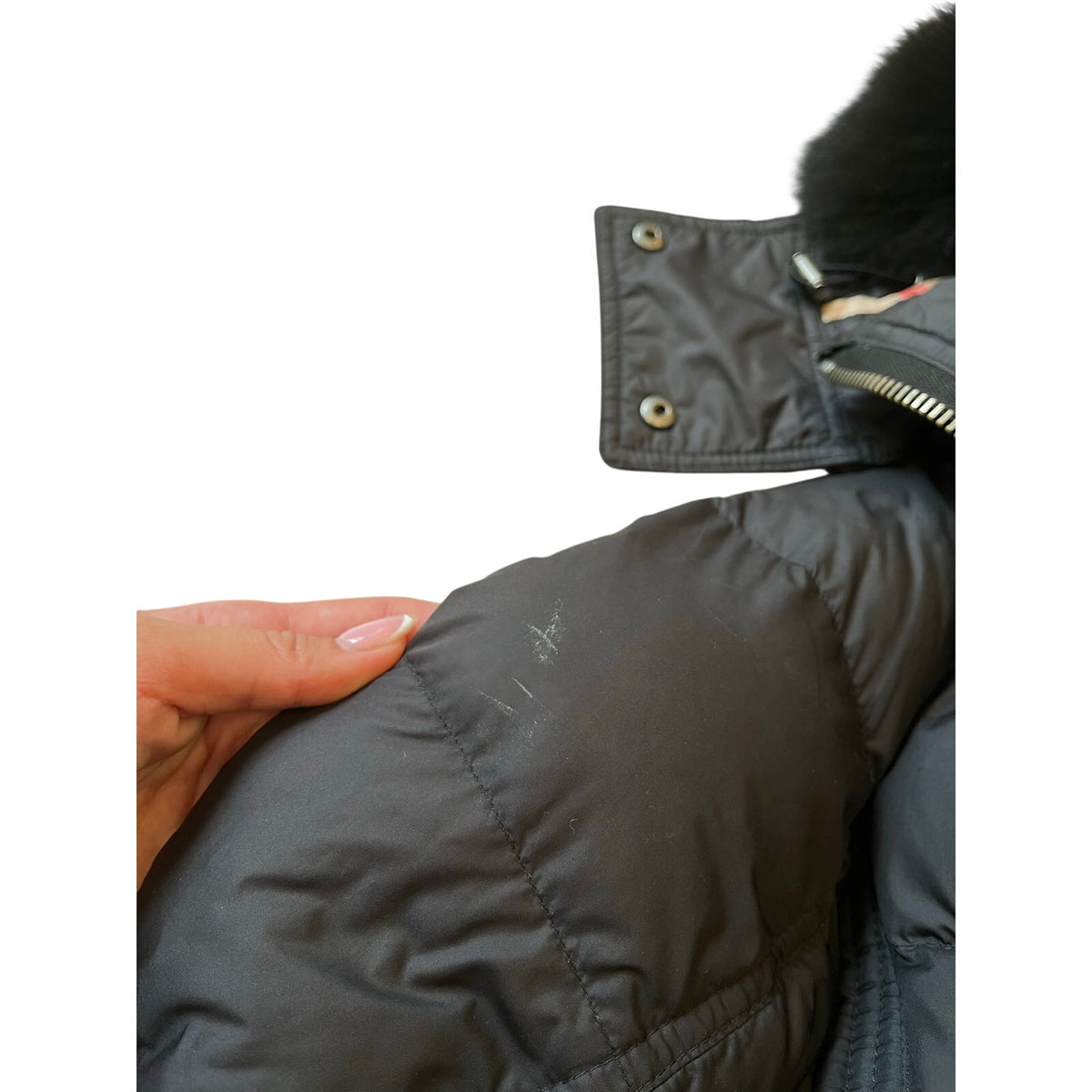 Authentic Burberry brit down coat with fur hood