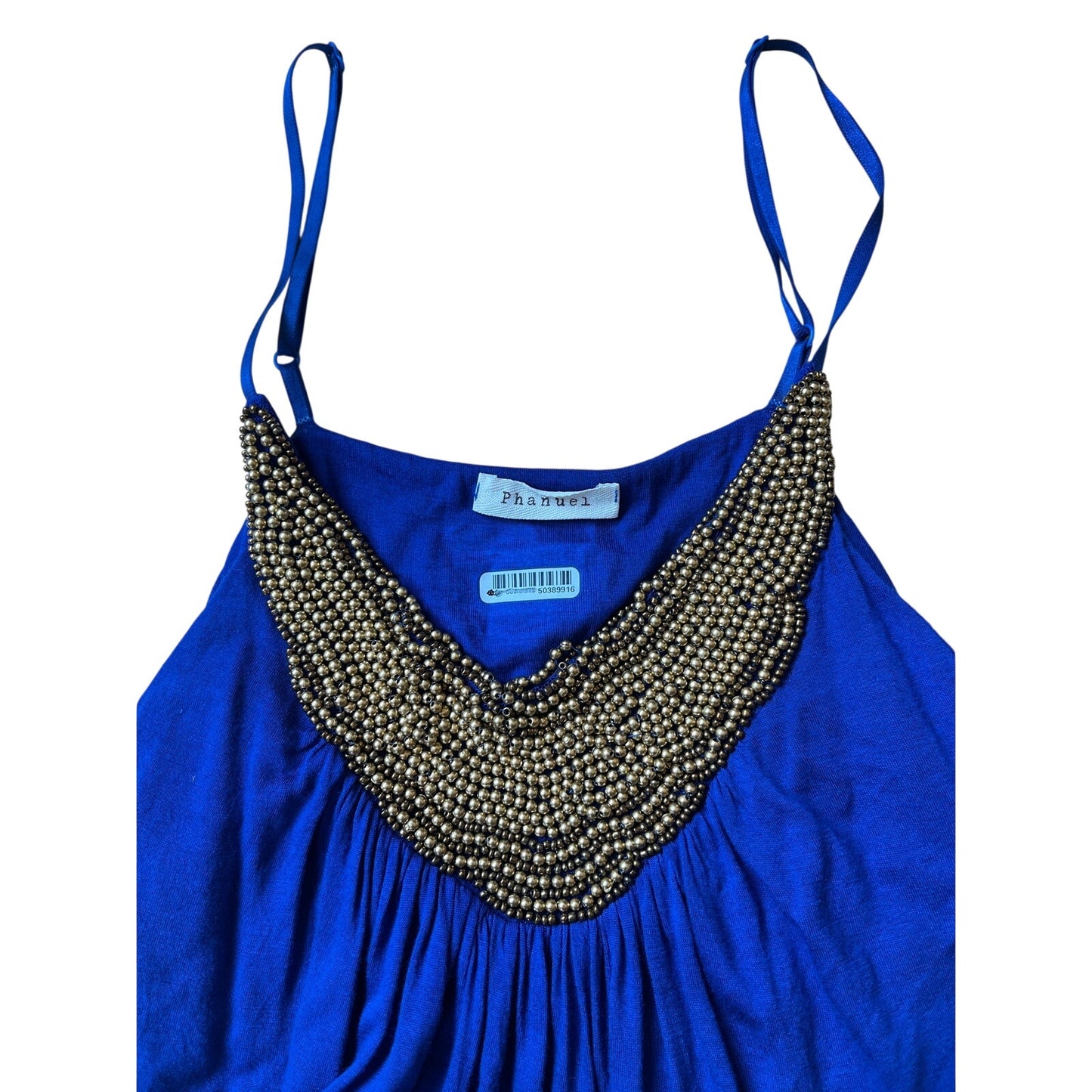 Phanuel Royal Blue Beaded Cami Tank Top Gold Embellished Sleeveless Tunic