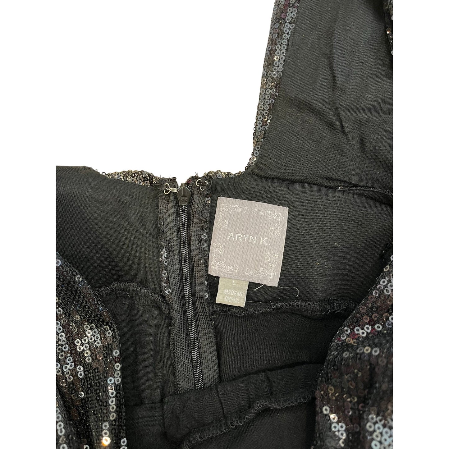 Aryn K Black Sequin Draped Tunic Top Size L Deep V Ruched Party