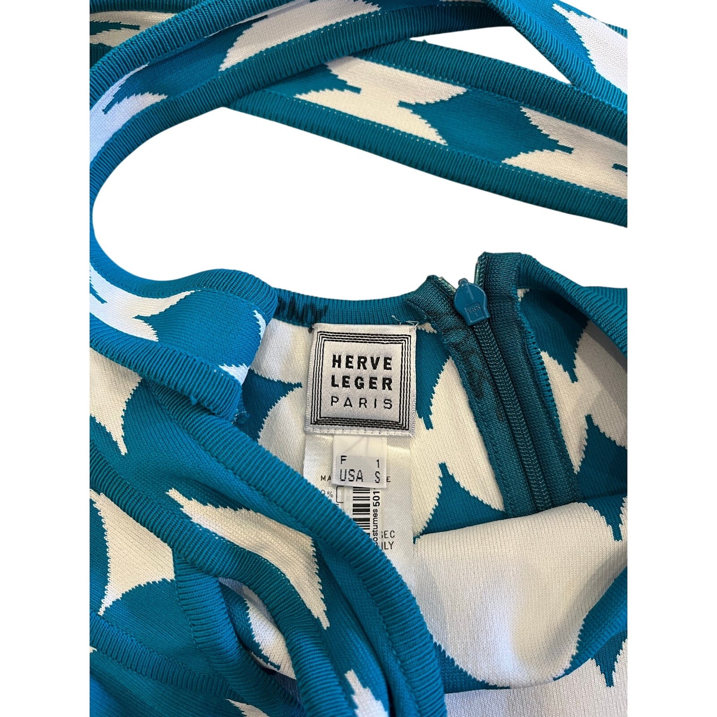 Herve Leger Paris Bandage Dress XS Teal White Geometric Criss Cross Open Back