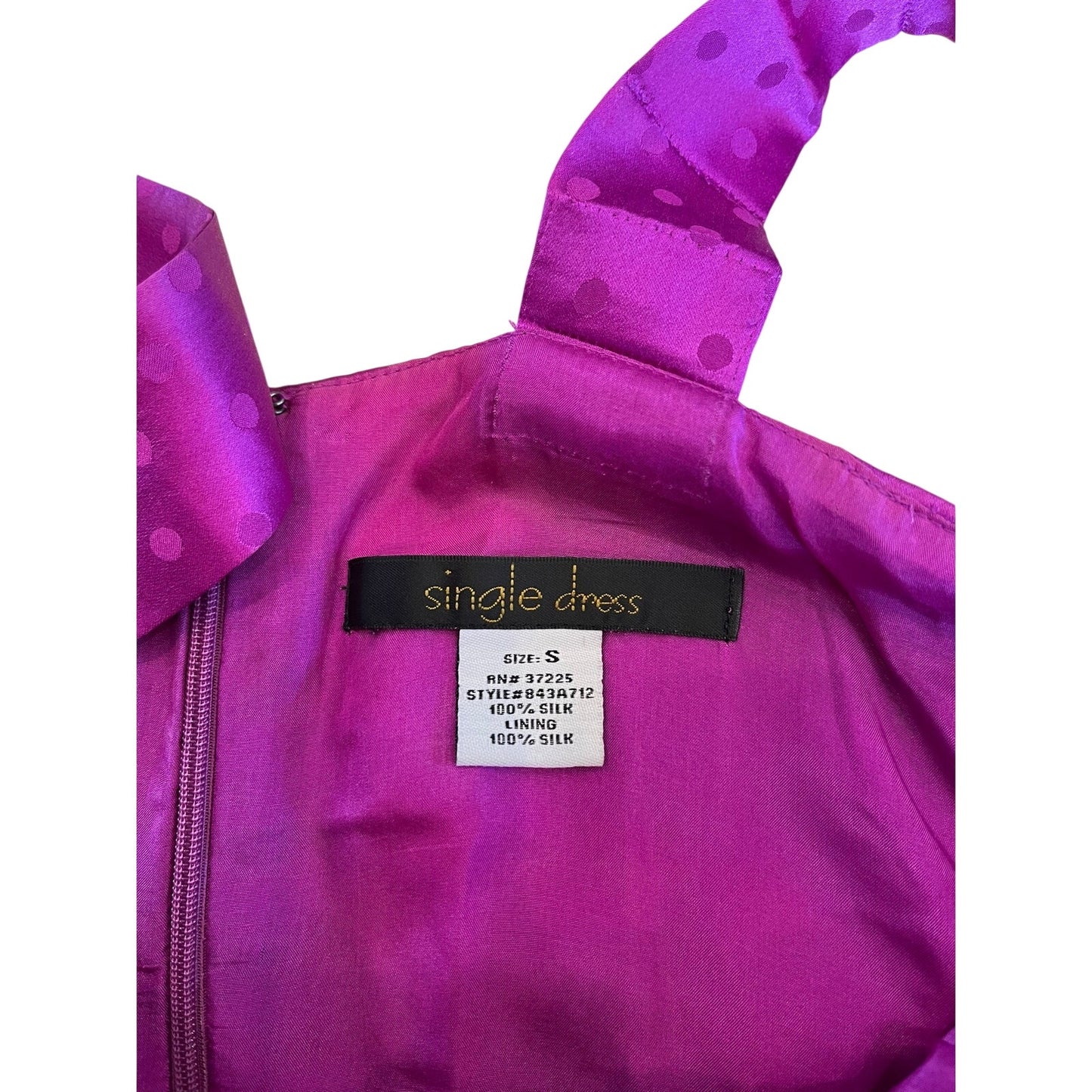 Single Dress 100% Silk Fuchsia Polka Dot Cocktail Dress Sz S Satin Tie Waist