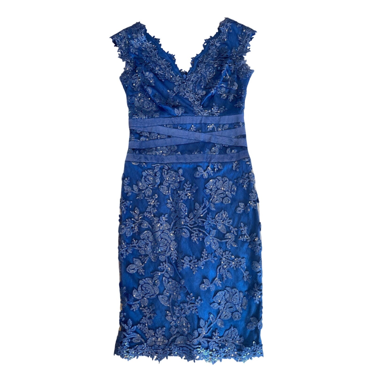 Tadashi Shoji Size 4 Blue Sequin Lace Sheath Dress Cap Sleeve Cocktail