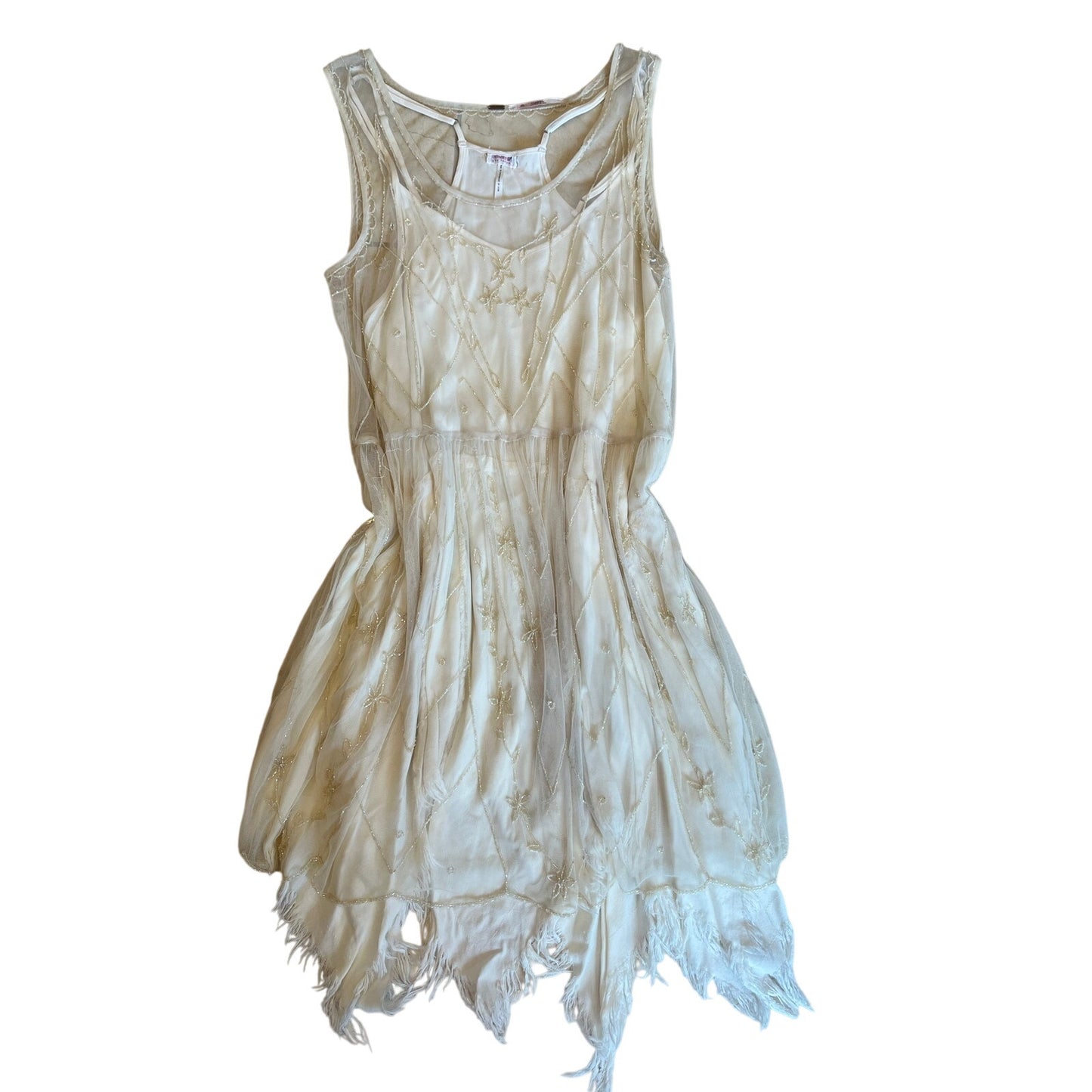 Free People 2 Piece Embellished Mesh Overlay Dress & Ivory Slip Dress Boho M