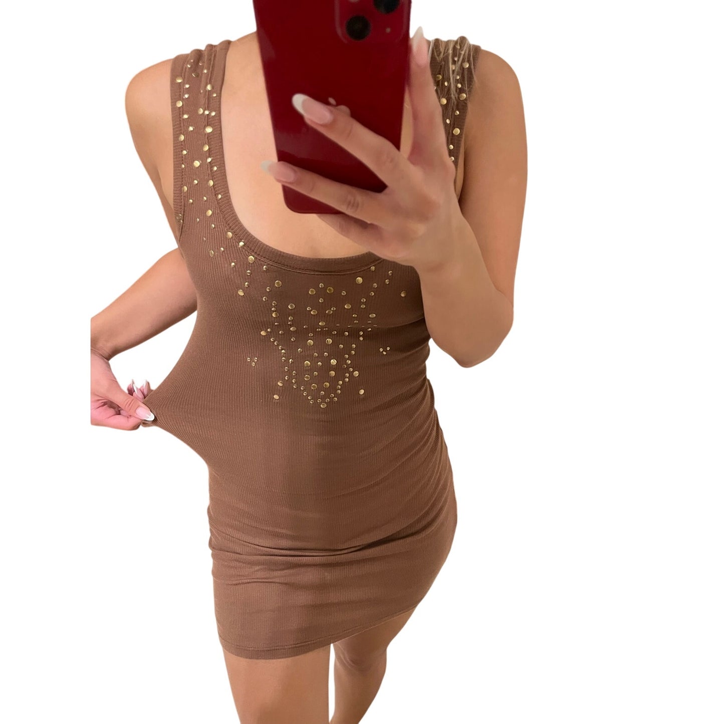 Ya-Ya Love Brown Studded Ribbed Mini Dress Size M 2000s Made USA