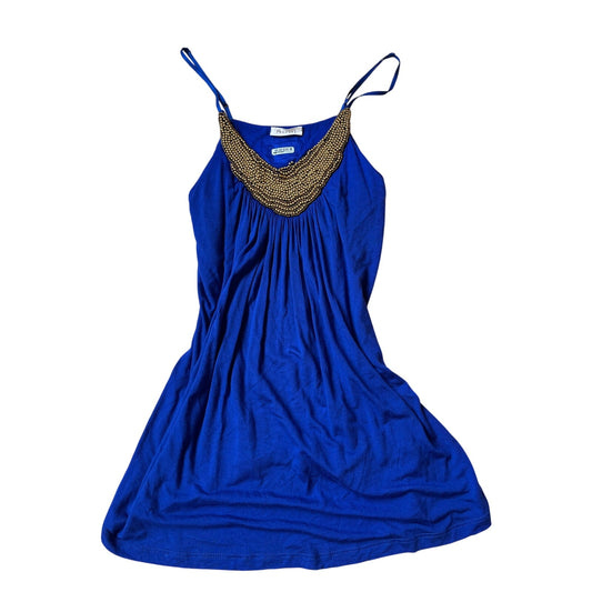 Phanuel Royal Blue Beaded Cami Tank Top Gold Embellished Sleeveless Tunic