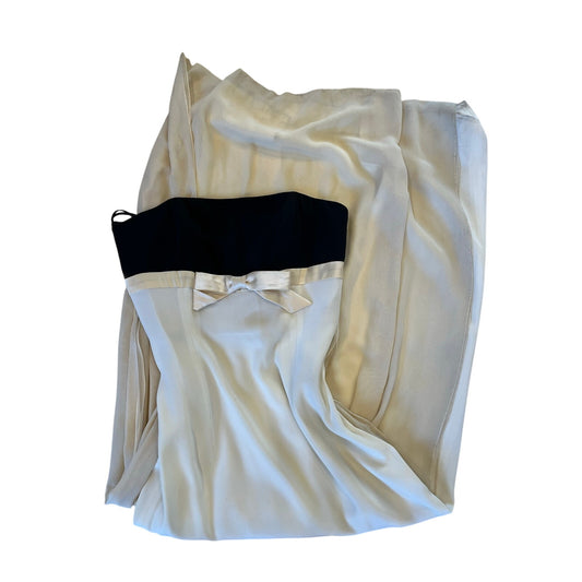 Vintage Black Tie Oleg Cassini Ivory Black Strapless Formal Gown Dress Size 8