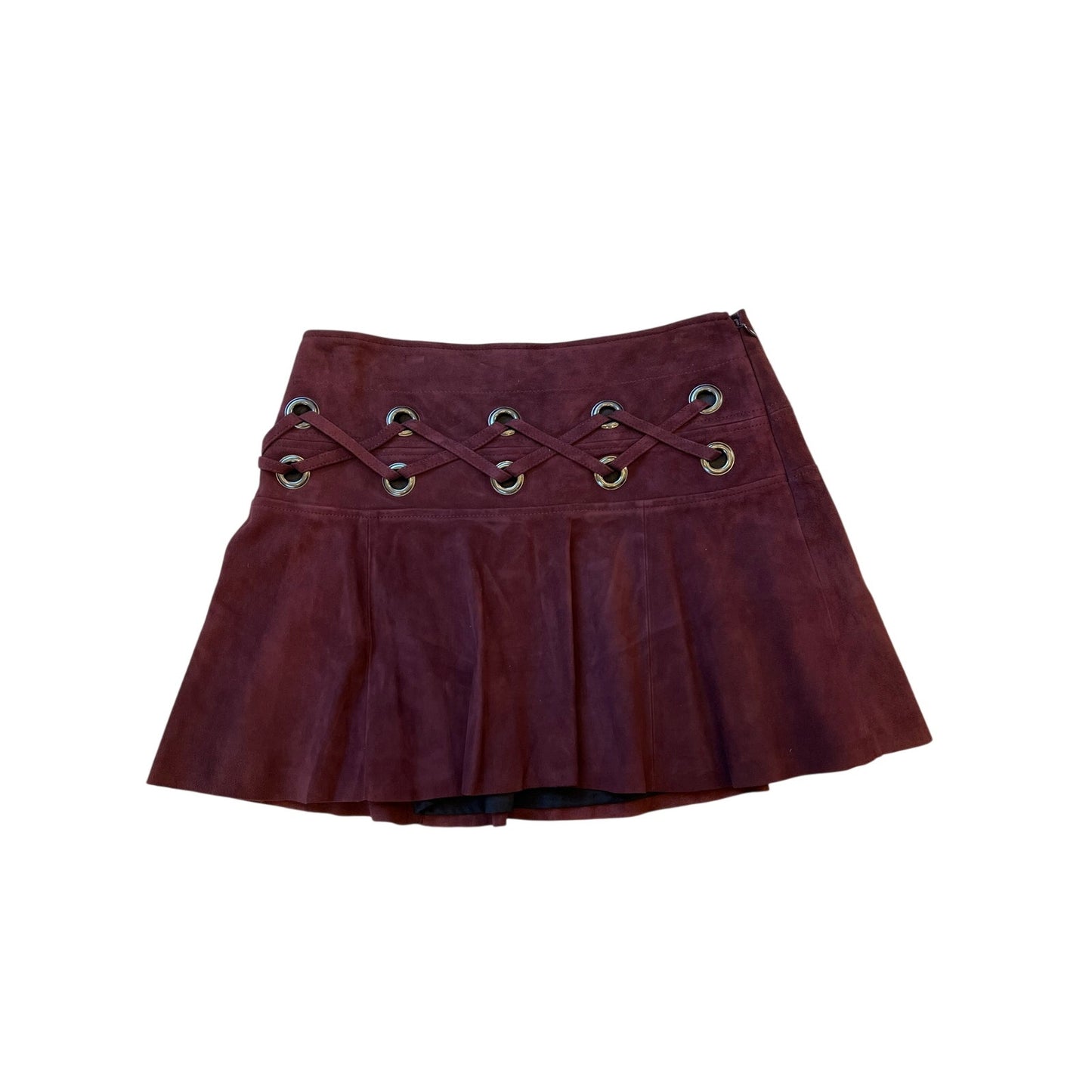NWT Parker Cordovan Suede Lace-Up Mini Skirt Size 4 Burgundy Leather MSRP $398