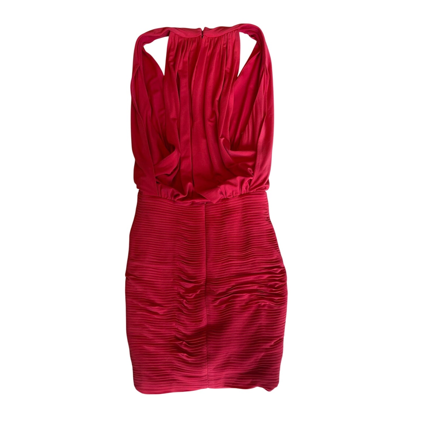 BCBGMAXAZRIA Runway XS Red Halter Ruched Bodycon Cocktail Mini Dress Open Back