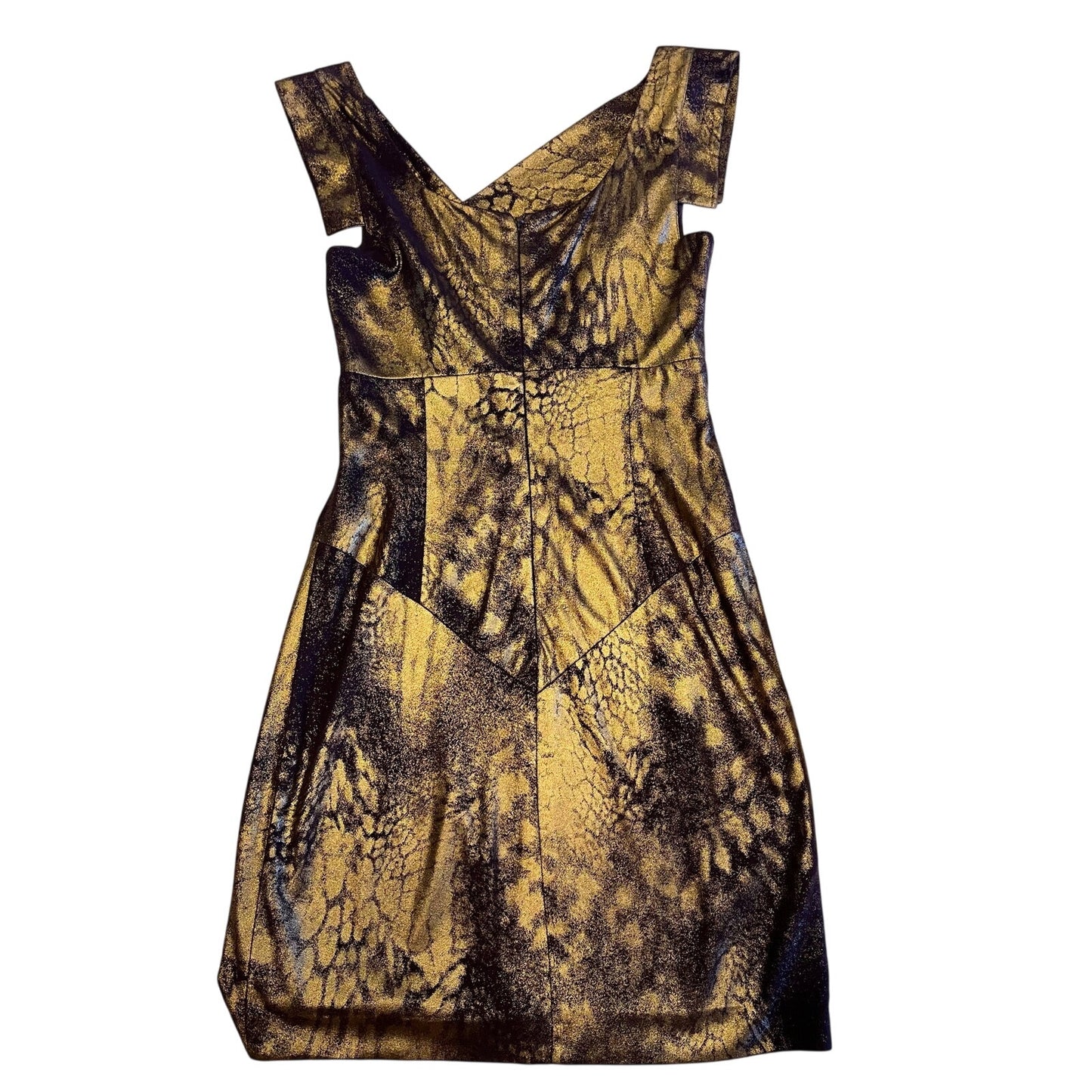 Black Halo Corrine Metallic Gold Black Cowl Neck Sheath Dress Size 0