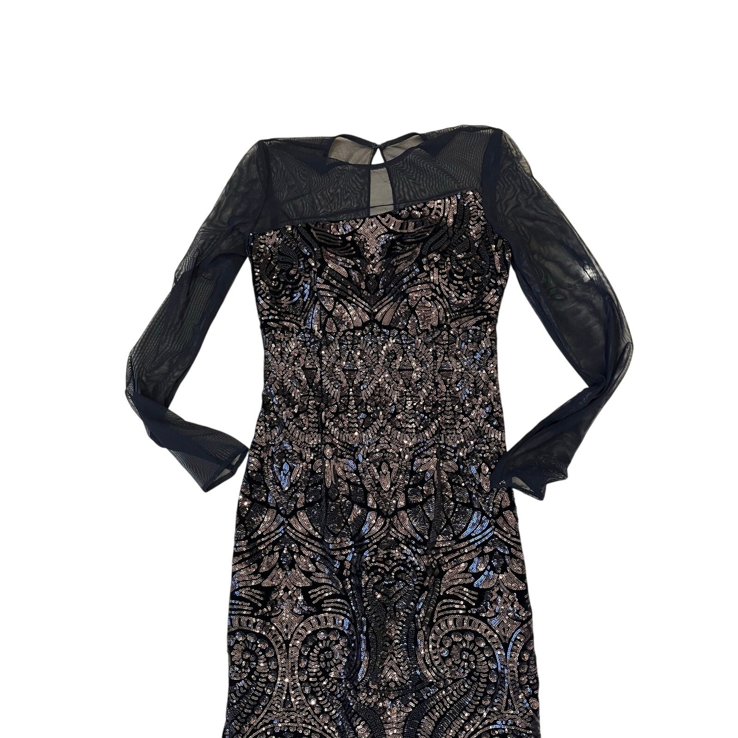 Betsy & Adam Black Bronze Sequin Mesh Sleeve Formal Evening Gown Dress Size 4