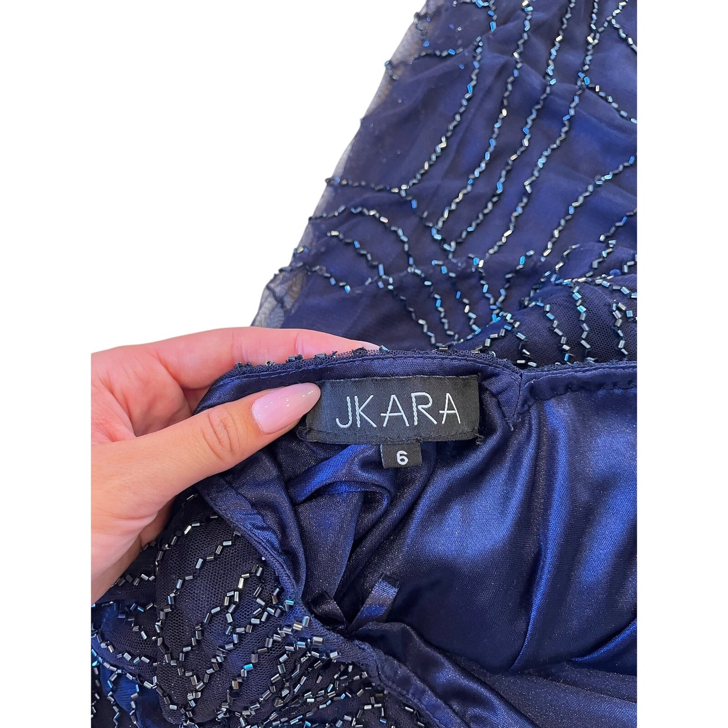 JKARA Navy Blue Beaded Formal Evening Gown Dress Size 6
