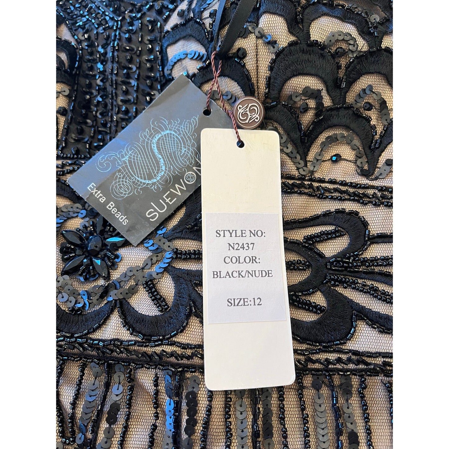 NWT Sue Wong Nocturne Beaded Sequin Art Deco Cocktail Dress Black Nude 12