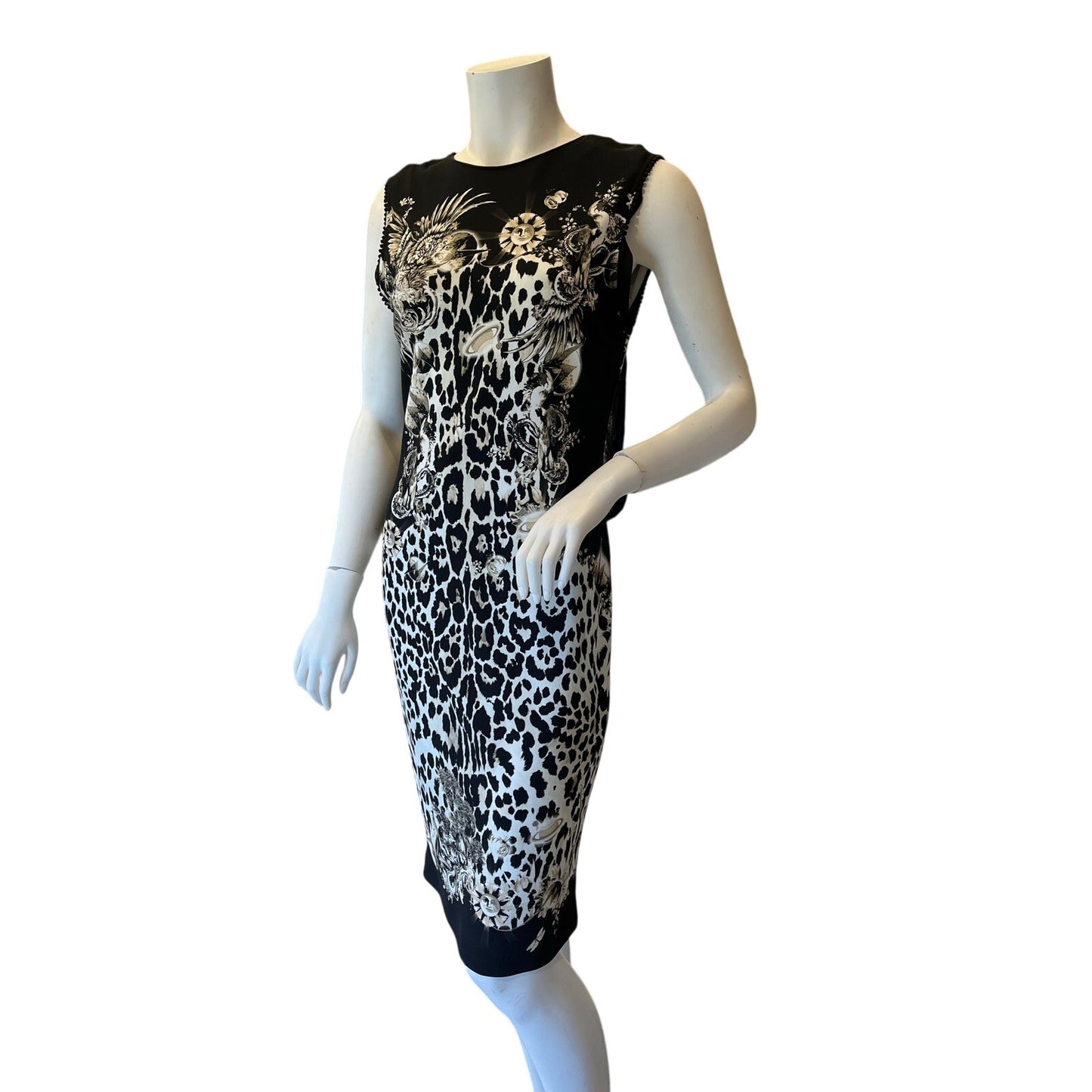 Roberto Cavalli Black White Leopard Print Midi Sheath Dress Made Italy