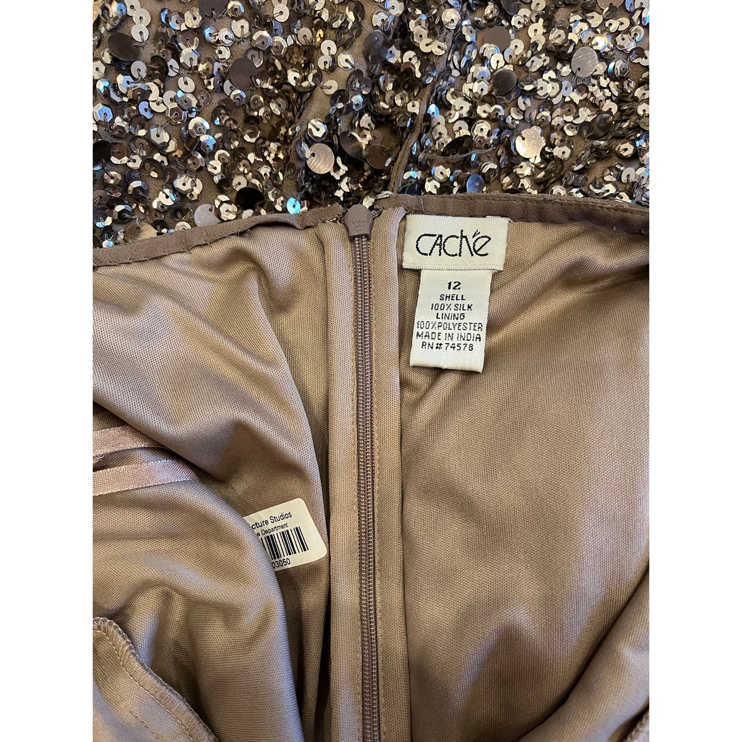 Cache Size 12 Silk Sequin Beaded Bronze Spaghetti Strap Cocktail Dress