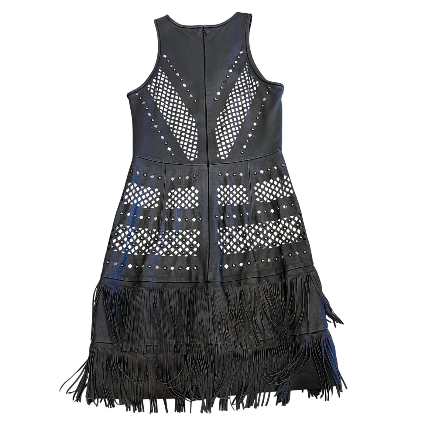 Parker Serena Black Leather Laser Cut Fringe Midi Dress XS