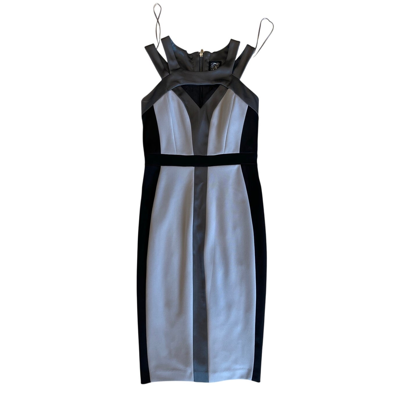 JAX Gray Black Colorblock Sheath Dress Size 6 Cutout Neck Cocktail Career Midi