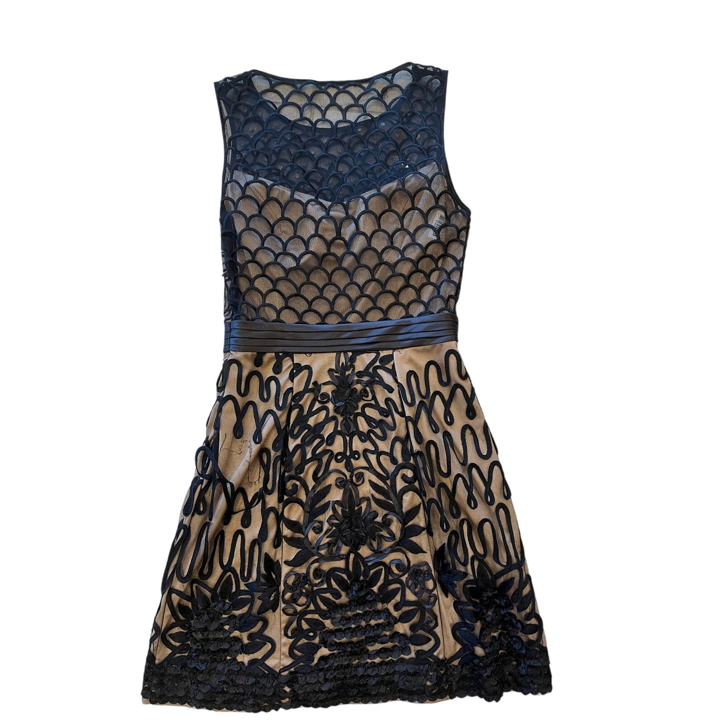 Sue Wong Black Nude Embroidered Beaded Cocktail Dress Fit & Flare Size 8 Floral