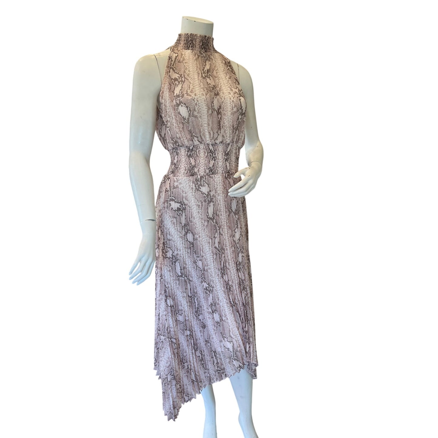 1.STATE Snakeskin Print Pleated Midi Dress XS Smocked Waist High Neck