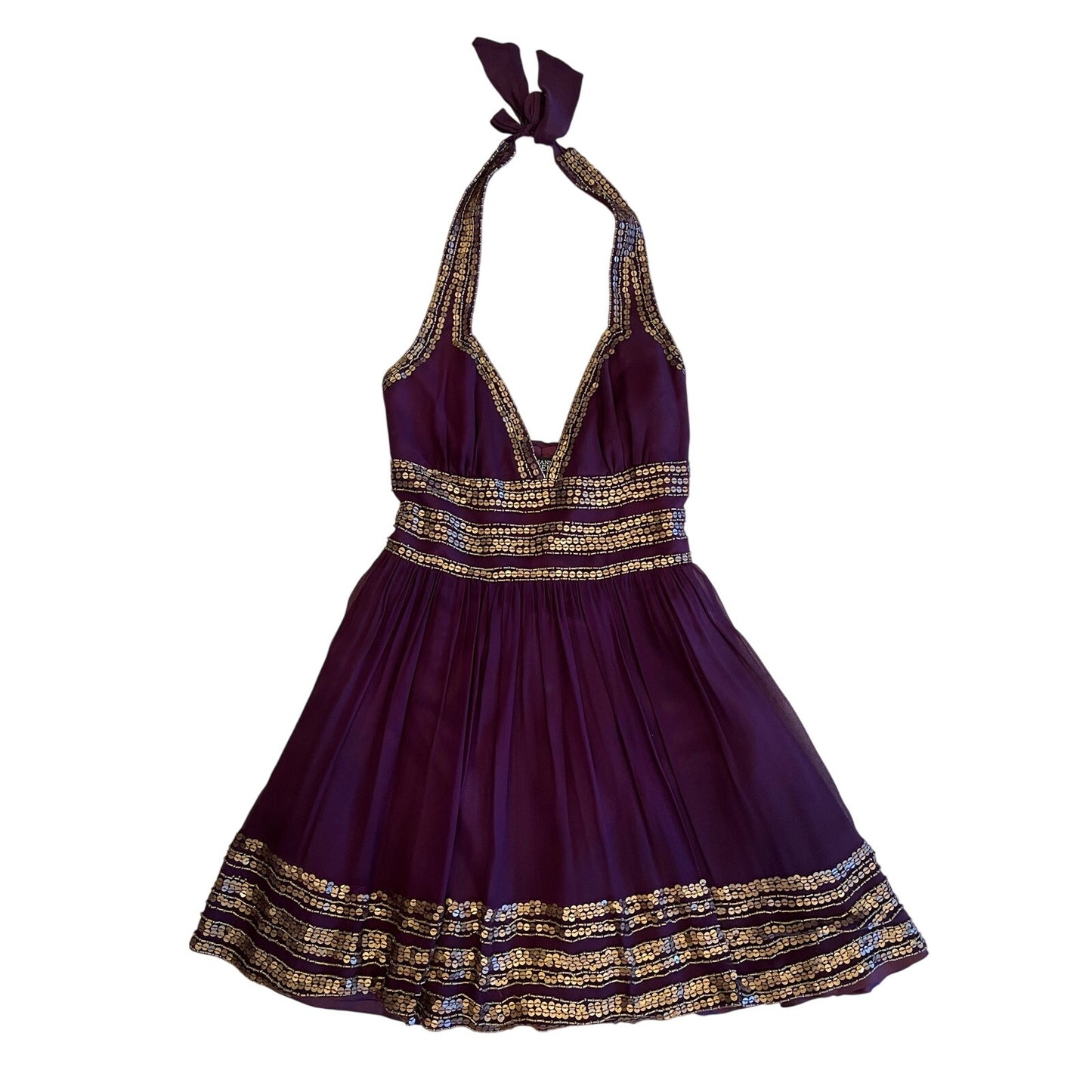 Adrianna Papell 100% Silk Plum Beaded Halter Cocktail Dress Size 6