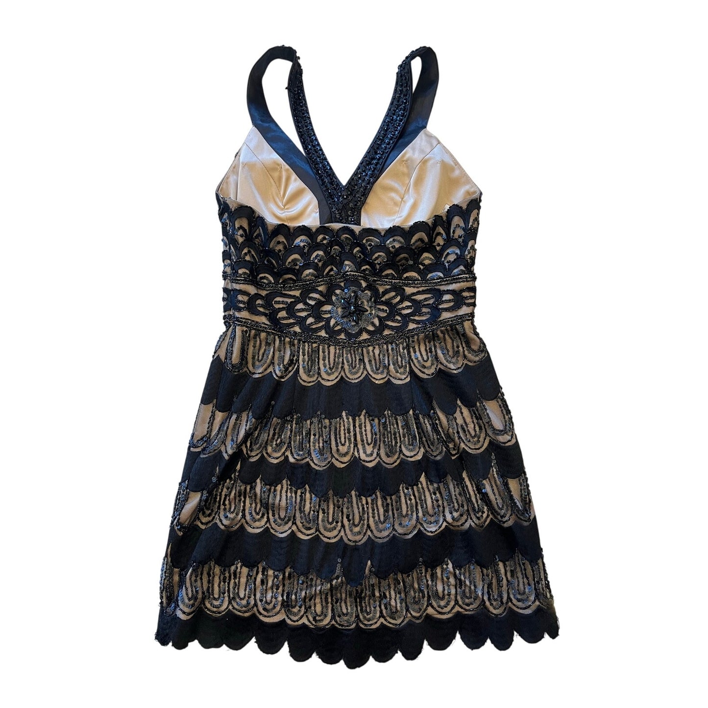 Sue Wong Nocturne Beaded Sequin Cocktail Dress Black Nude Art Deco Size 2