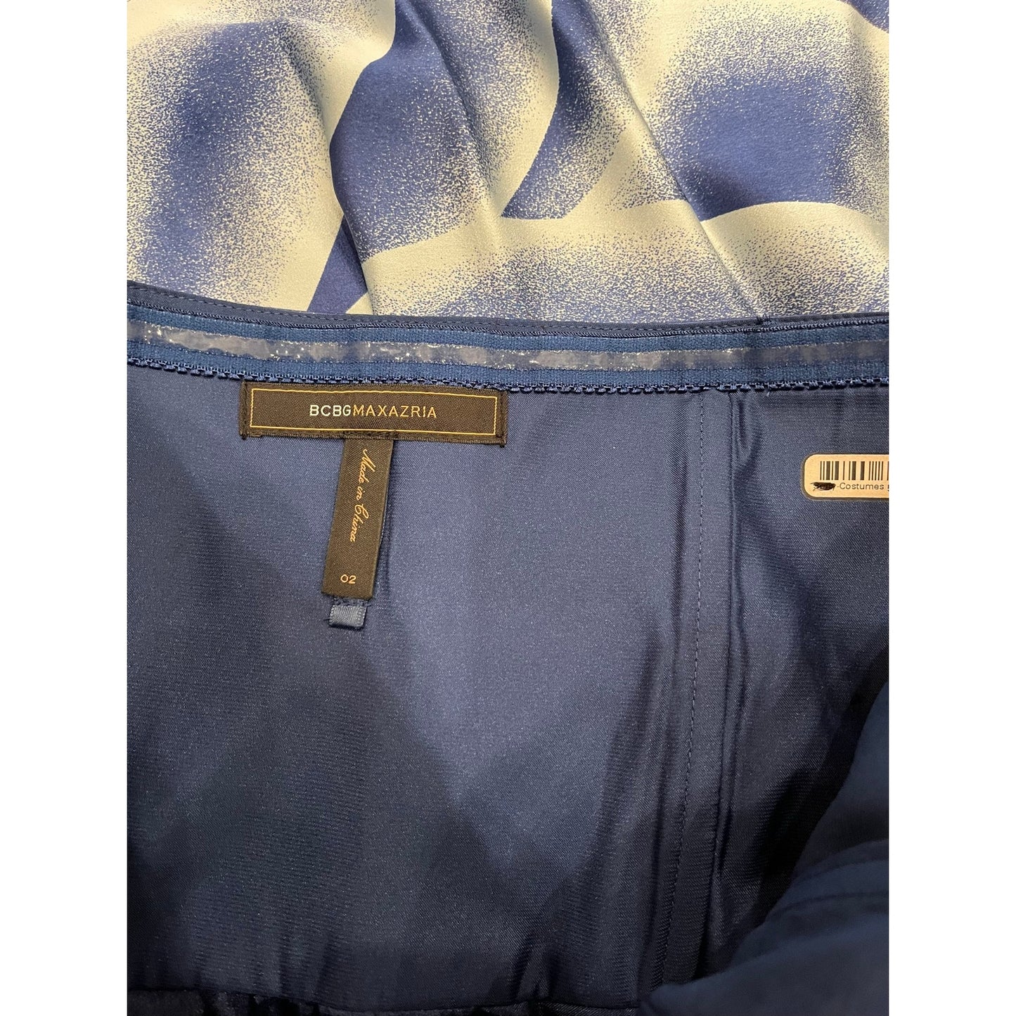 BCBGMaxAzria 100% Silk Strapless Blue Abstract Draped Cocktail Dress Size 2
