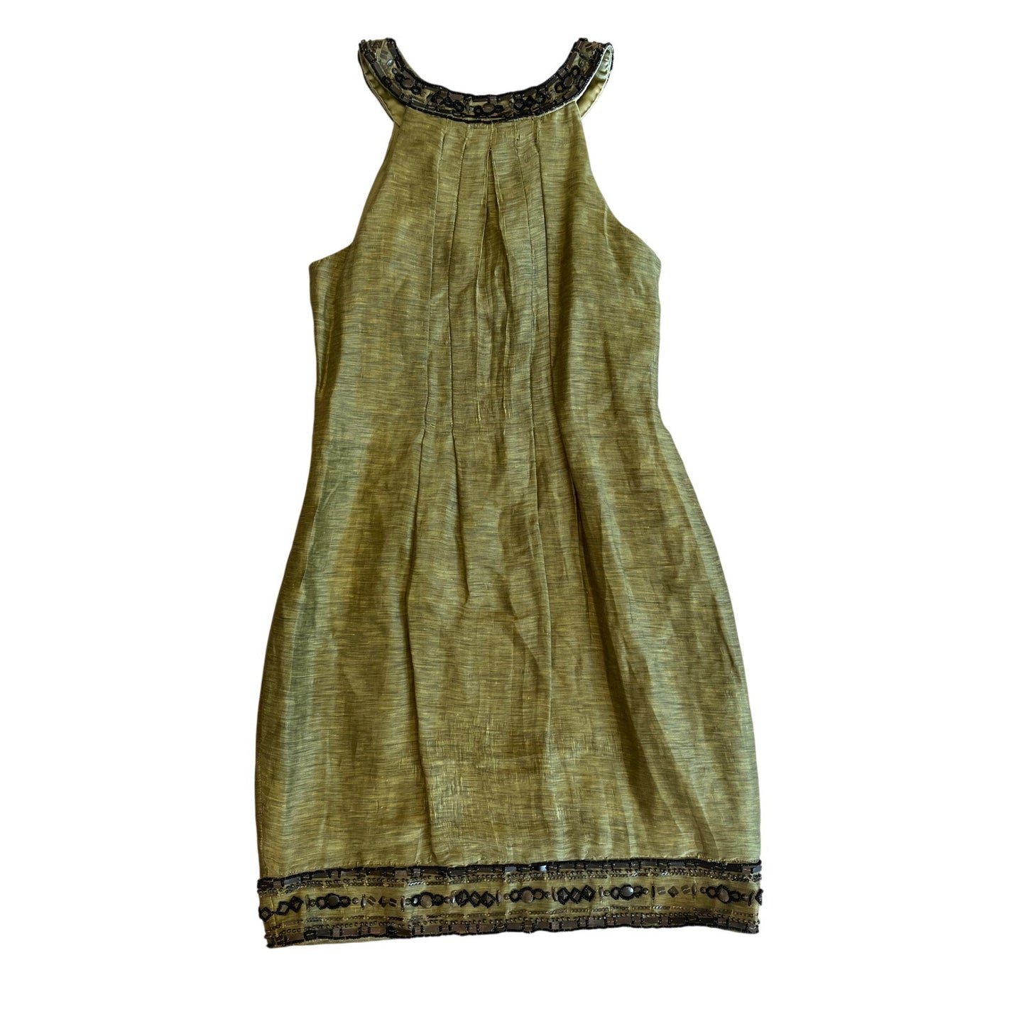 Olive Green Beaded Sequin Embellished Shift Cocktail Dress Sleeveless