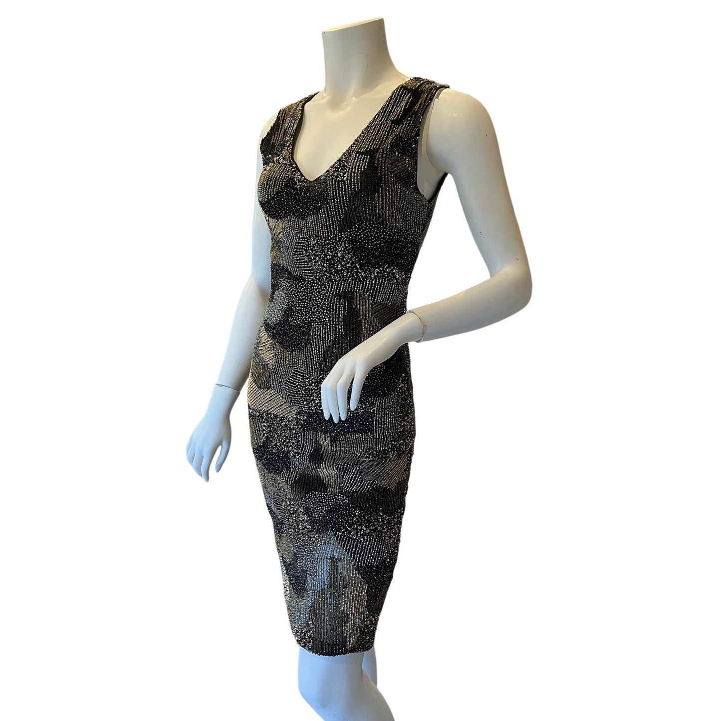 Alice + Olivia Black Silver Beaded Sequin Cocktail Dress Sheath Sleeveless Sz 0