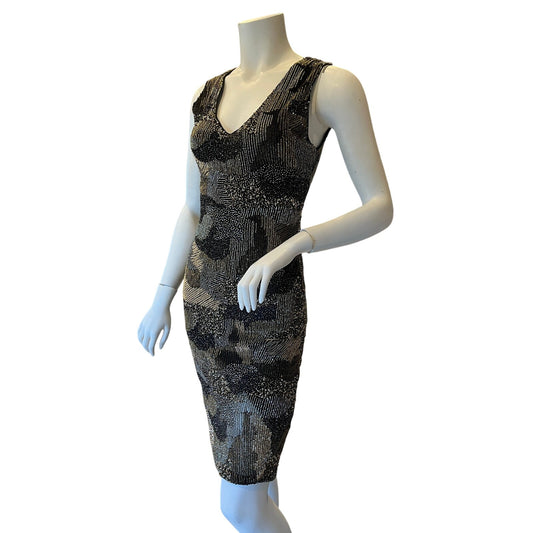 Alice + Olivia Black Silver Beaded Sequin Cocktail Dress Sheath Sleeveless Sz 0
