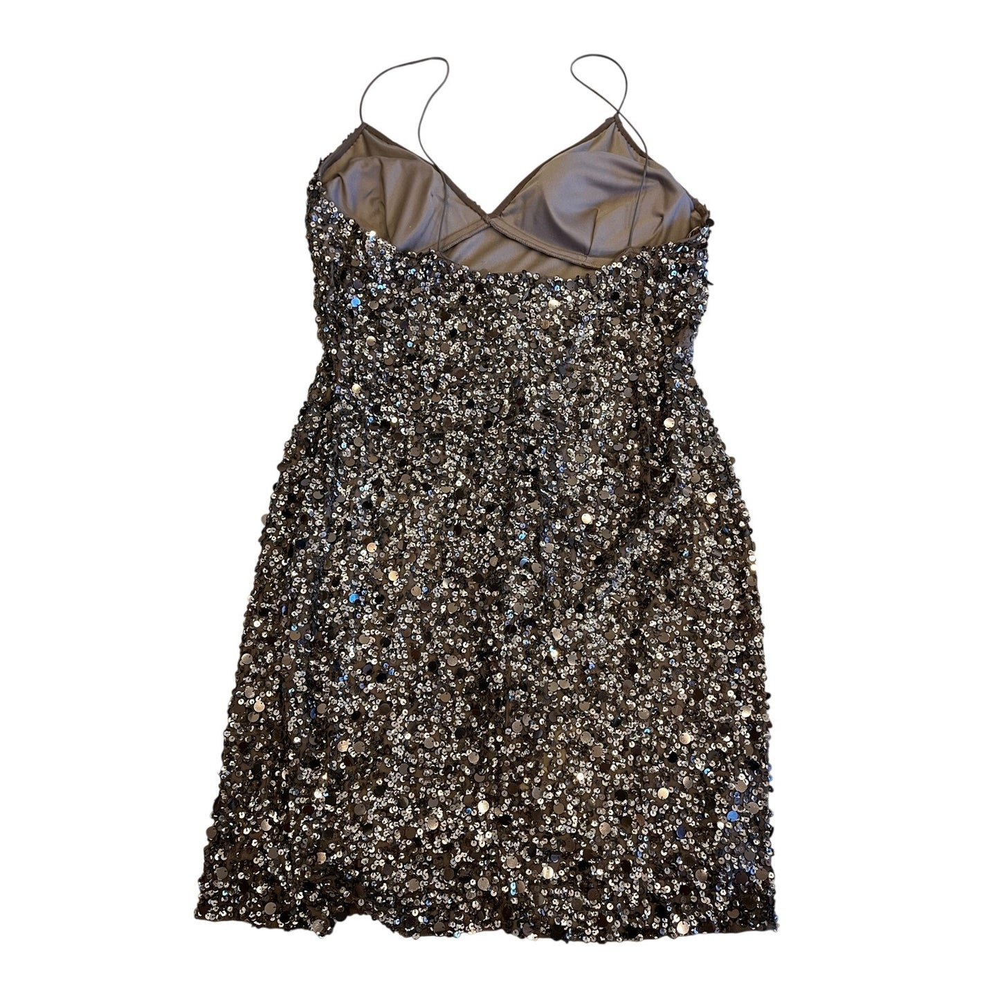 Cache Size 12 Silk Sequin Beaded Bronze Spaghetti Strap Cocktail Dress