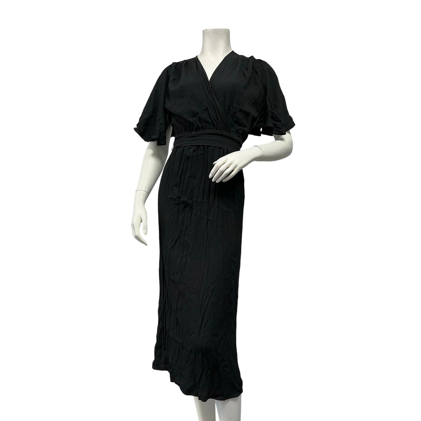 NWT Emerson Fry Black Ruffle Midi Dress Puff Sleeve Rayon
