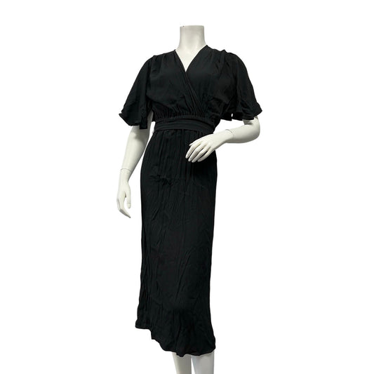 NWT Emerson Fry Black Ruffle Midi Dress Puff Sleeve Rayon