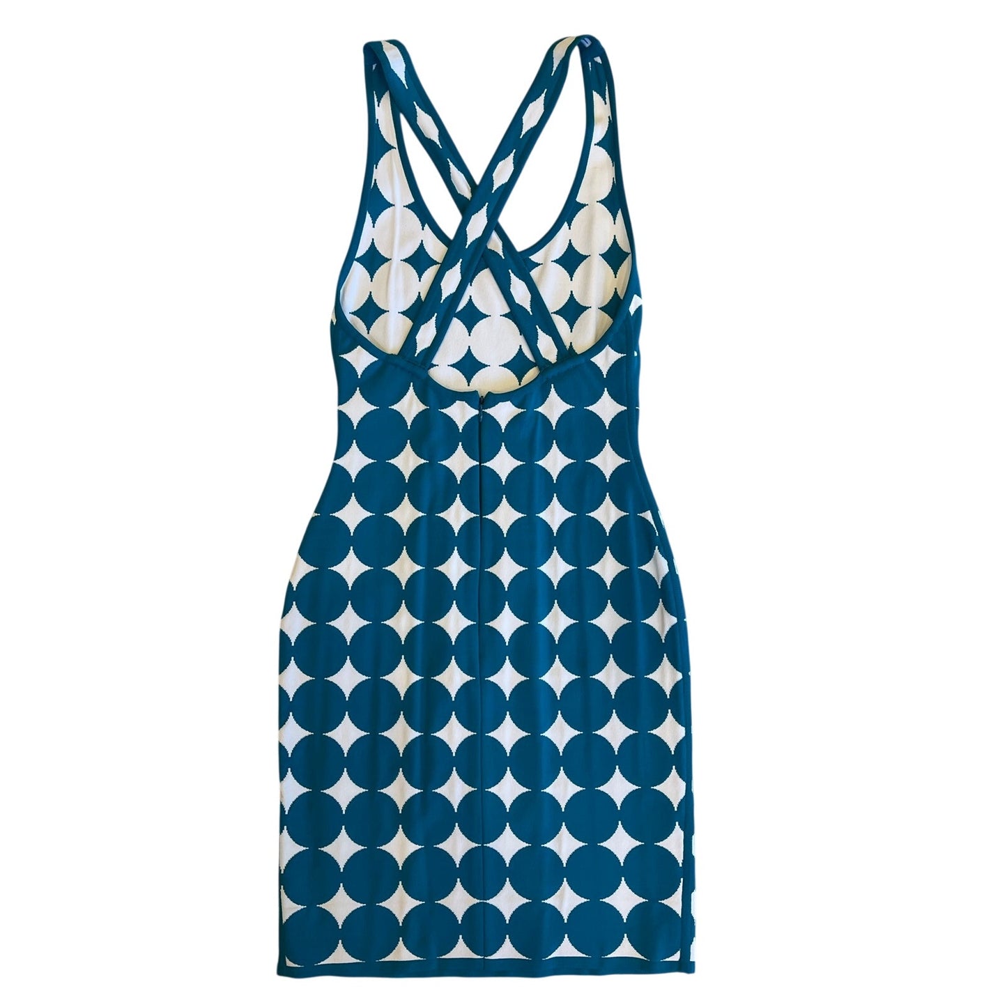 Herve Leger Paris Bandage Dress XS Teal White Geometric Criss Cross Open Back