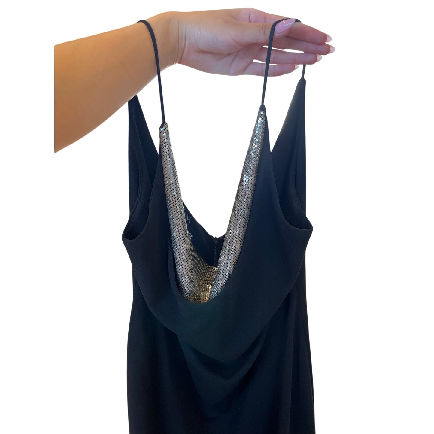 Jones New York Evening Black Gown Silver Mesh Cowl Back Formal Dress Size 6