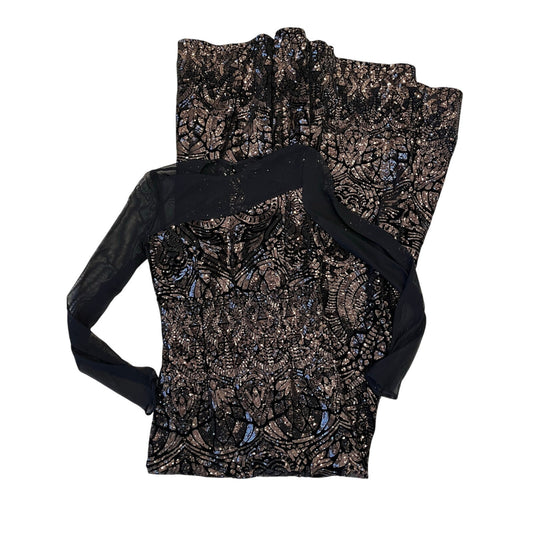 Betsy & Adam Black Bronze Sequin Mesh Sleeve Formal Evening Gown Dress Size 4