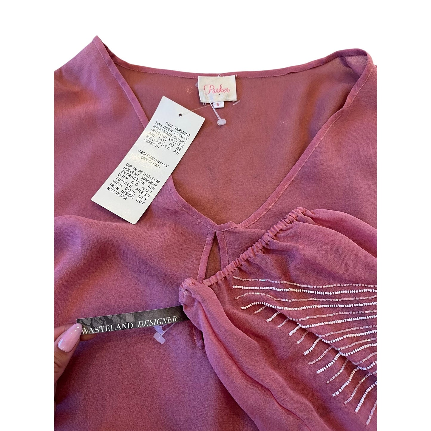 Parker 100% Silk Beaded Sleeve Blouse Top Pink Long Sleeve NWT Size S