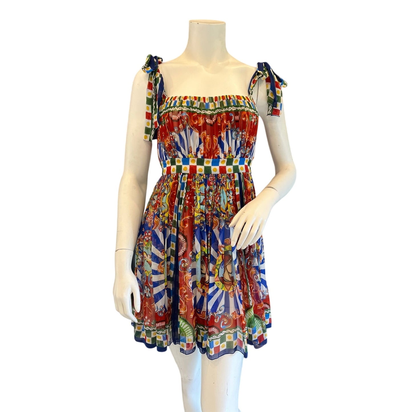Dolce & Gabbana Carretto Siciliano Print Silk Multicolor Corset Mini Dress sz 44