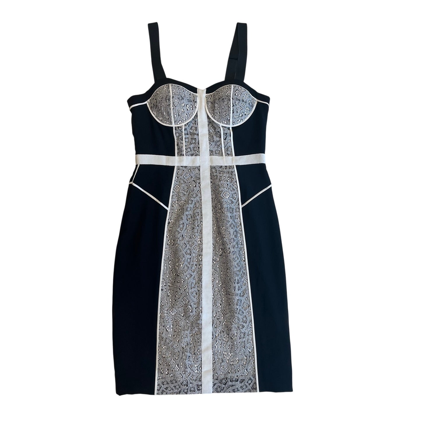 Black White Lace Corset Midi Dress Size 2 Bustier Bodycon Contrast Panel