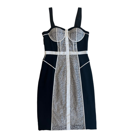 Black White Lace Corset Midi Dress Size 2 Bustier Bodycon Contrast Panel