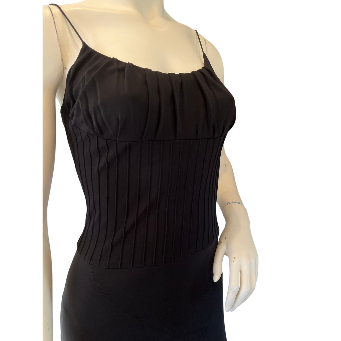 Black Sleeveless Pleated Bust Corset Midi Dress Fitted Slip Dress