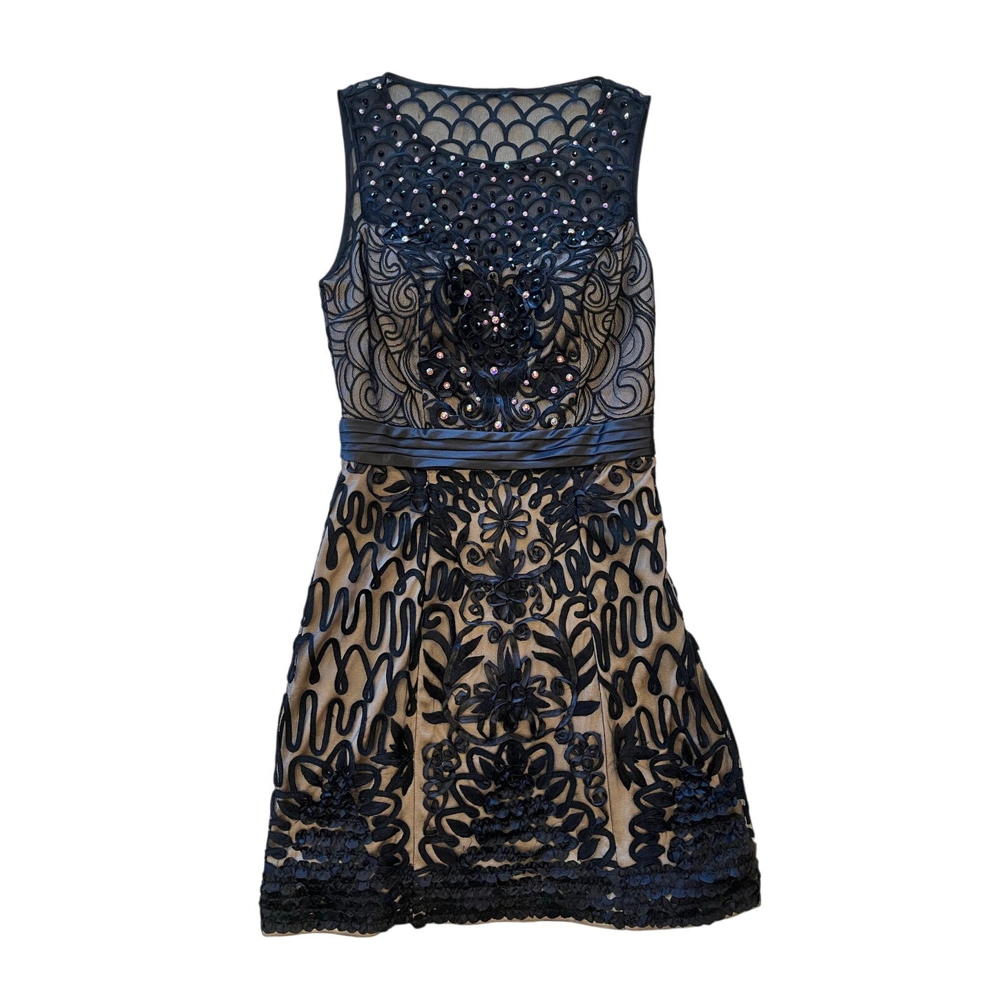Sue Wong Black Nude Embroidered Beaded Cocktail Dress Fit & Flare Size 8 Floral