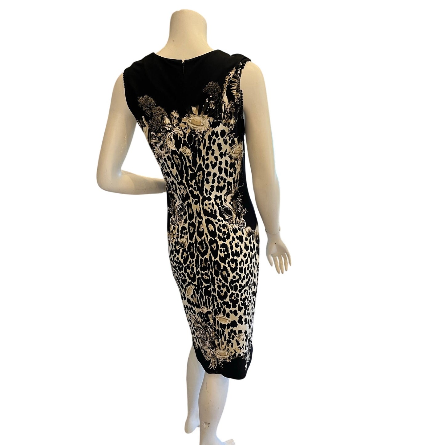 Roberto Cavalli Black White Leopard Print Midi Sheath Dress Made Italy