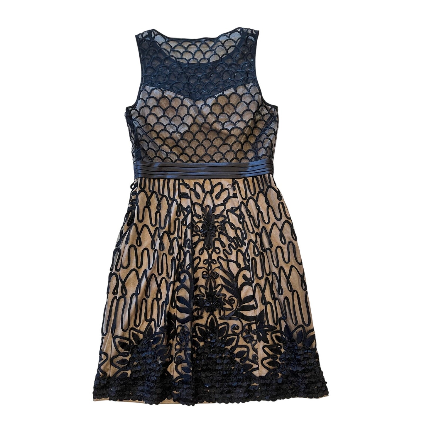 Sue Wong Black Nude Embroidered Mesh Cocktail Dress Floral Beaded Size 10