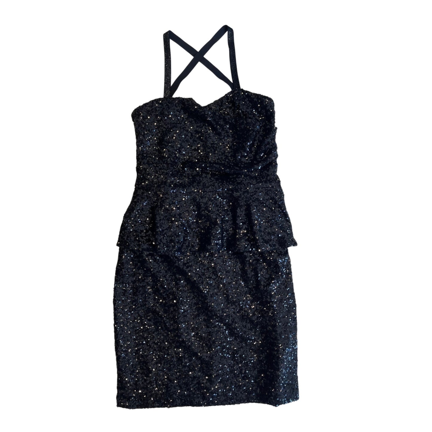 2000s Black Sequin Peplum Mini Dress XS Cross Back Party Cocktail