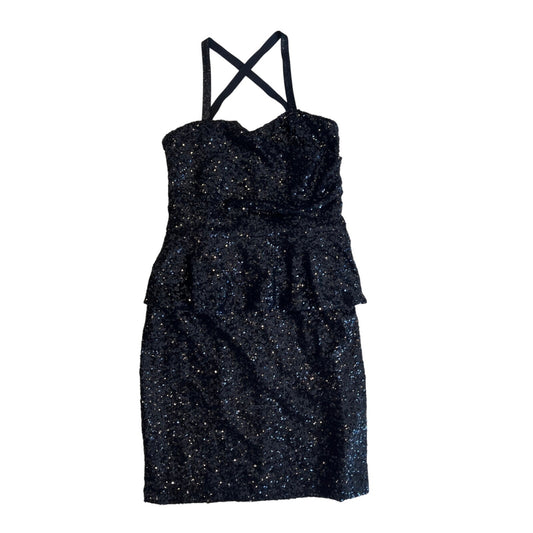 2000s Black Sequin Peplum Mini Dress XS Cross Back Party Cocktail