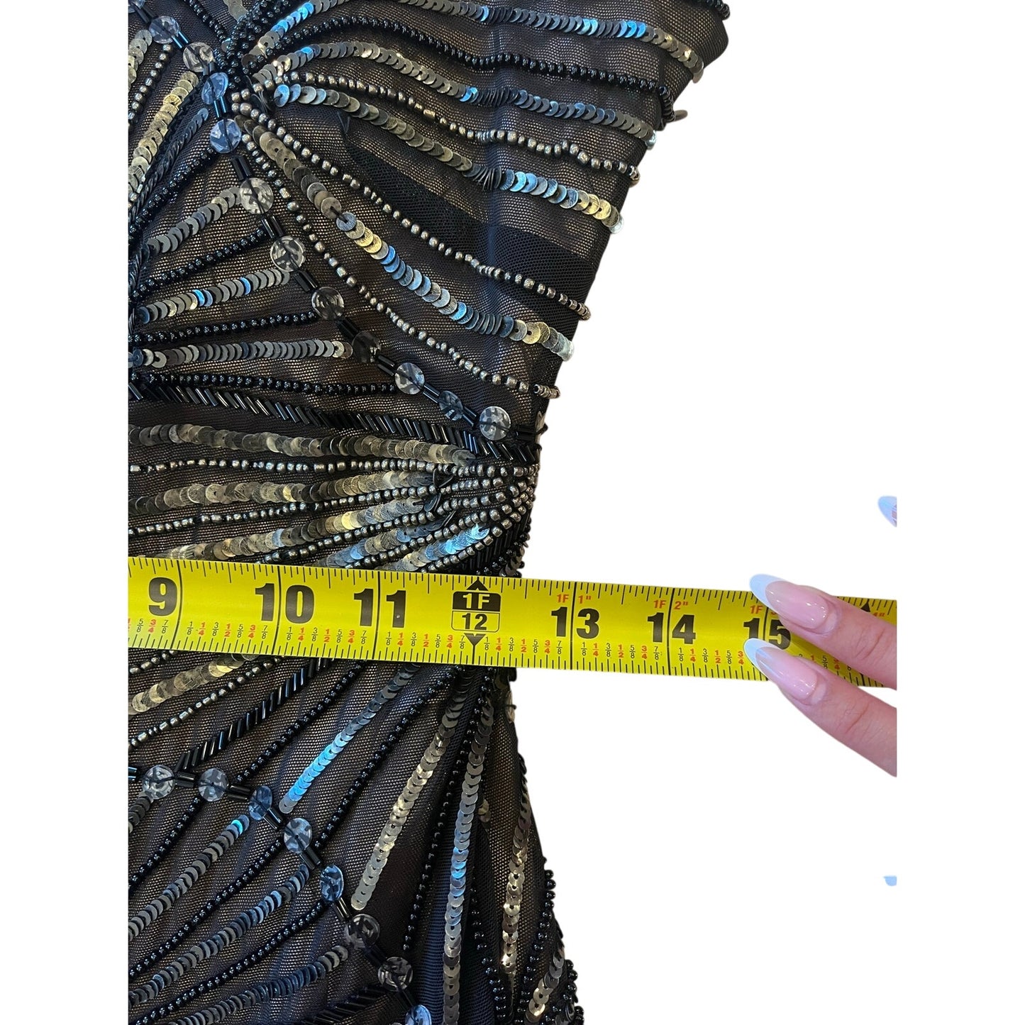 Bebe Black Beaded Sequin Fringe Cocktail Bodycon Mini Dress Size M Art Deco