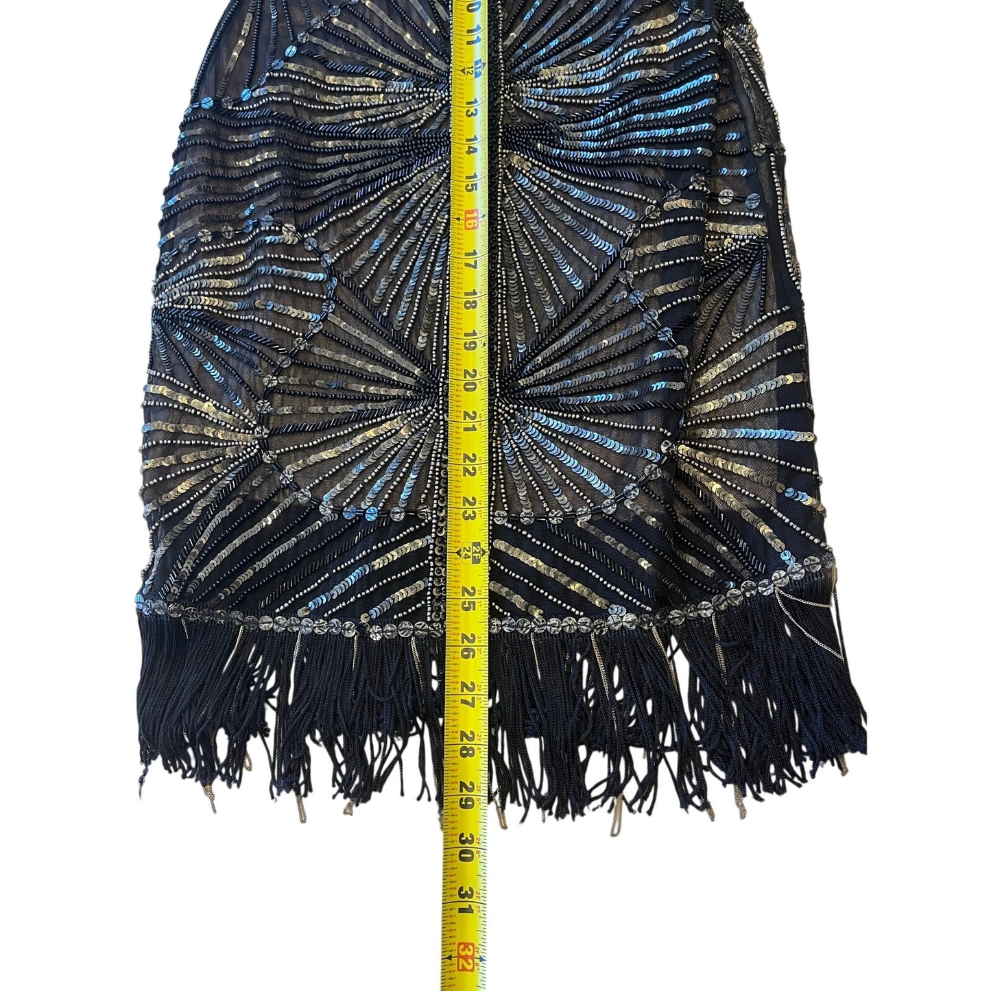 Bebe Black Beaded Sequin Fringe Cocktail Bodycon Mini Dress Size M Art Deco