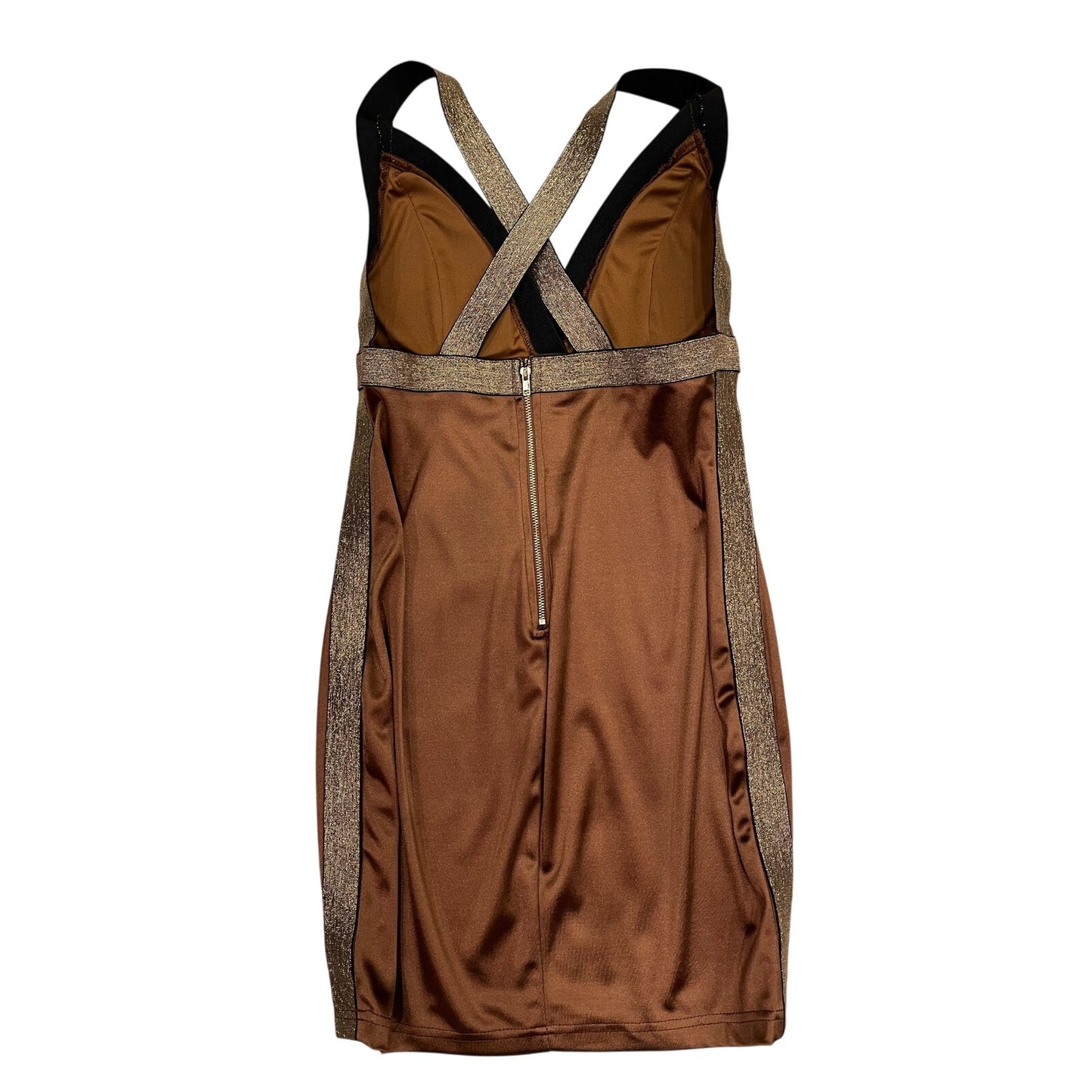 Entry Brown Satin Bodycon Mini Dress Gold Metallic Trim Size M